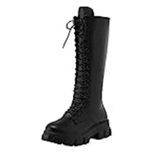 Vendo 205 Botas Negras Militares Mujer Botas largas de de con Cremallera Lateral con Cordones de Cuero sólido Estilo británico para Mujer Botas De Mujer Pelo (Black-B, 42)