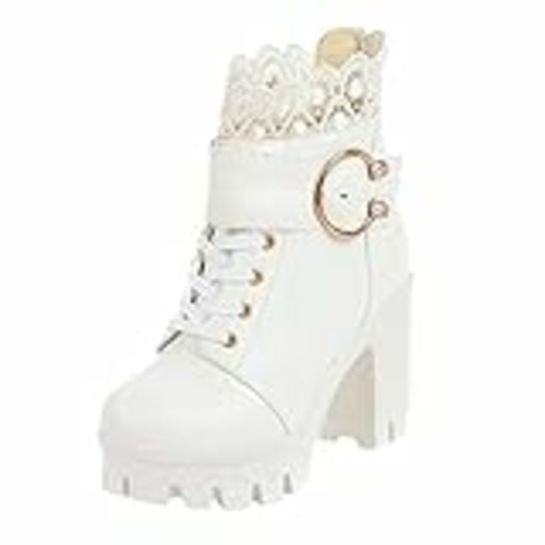 Vendo Moda mujeres de tacón alto grueso con cordones botas plataforma de encaje zapatos de estudiante militar 43, Blanco, 37 EU