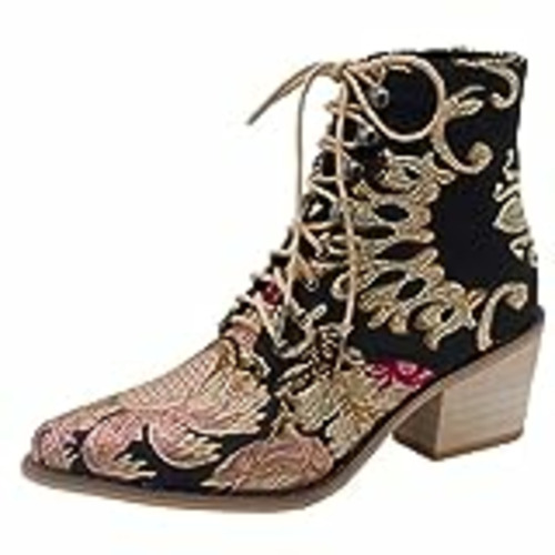 Vendo 205 Zapatillas Negras Mujer Vestir Zapatos de tacón Puntiagudos para Mujer, Botas con Cordones, Botas de Mujer con Punta Retro de Ante Bordado Botines Militar Mujer (Black, 42)