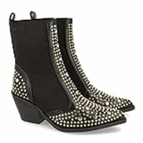 Vendo 42670-Botin de Mujer con Tacon y Elastico en el Tobillo, de Punta Fina, Adornado con Tachuelas Metalicas Otono Invierno 2019. Talla 40 Negro