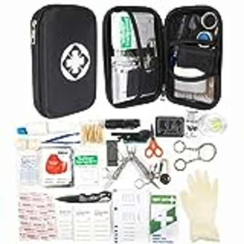 Vendo Hodzeed Botiquín de Primeros Auxilios al Aire Libre, Kit de Supervivencia Completo Botiquín con Brújula, Vendaje, Manta, Linterna, Esenciales para Escalar Acampar Senderismo Cazar Pesca(Negro)
